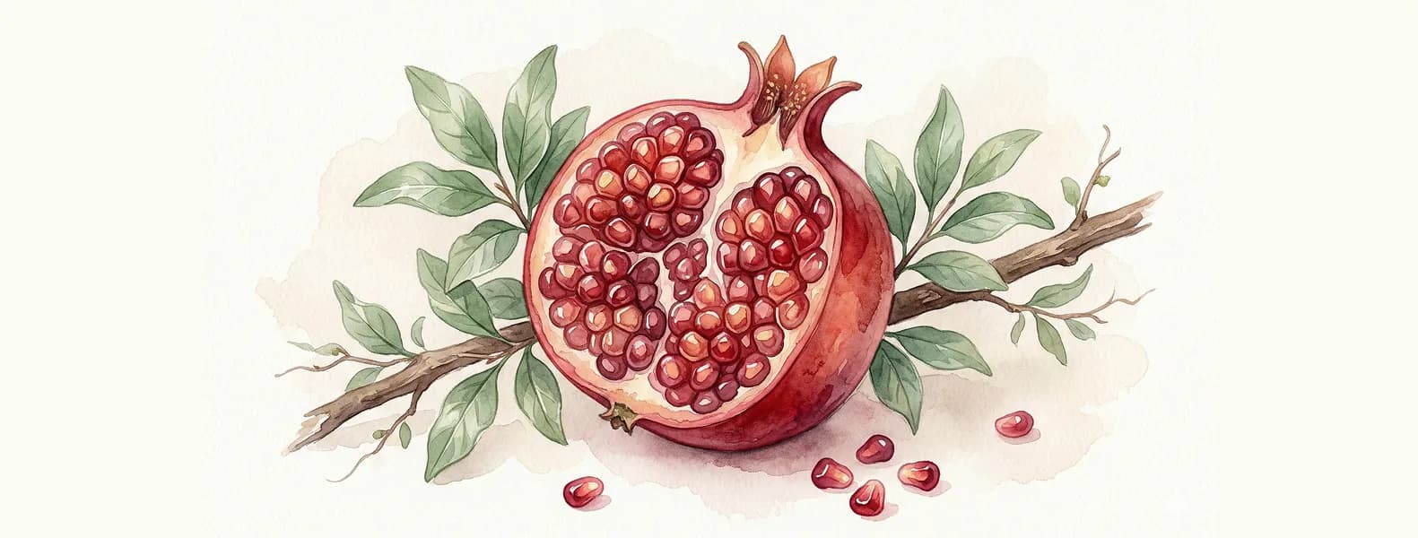 Watercolour illustration of a pomegranate cut open showing seeds, on a branch with leaves