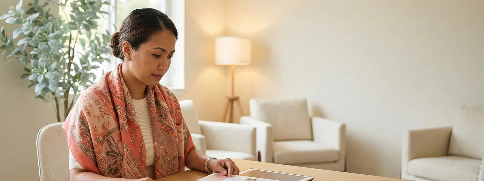 Filipino woman in a clinic consultation room reviewing informational materials