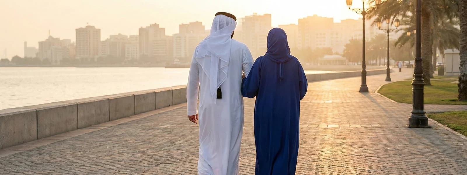 Arab couple walking arm in arm along a waterfront promenade at golden hour