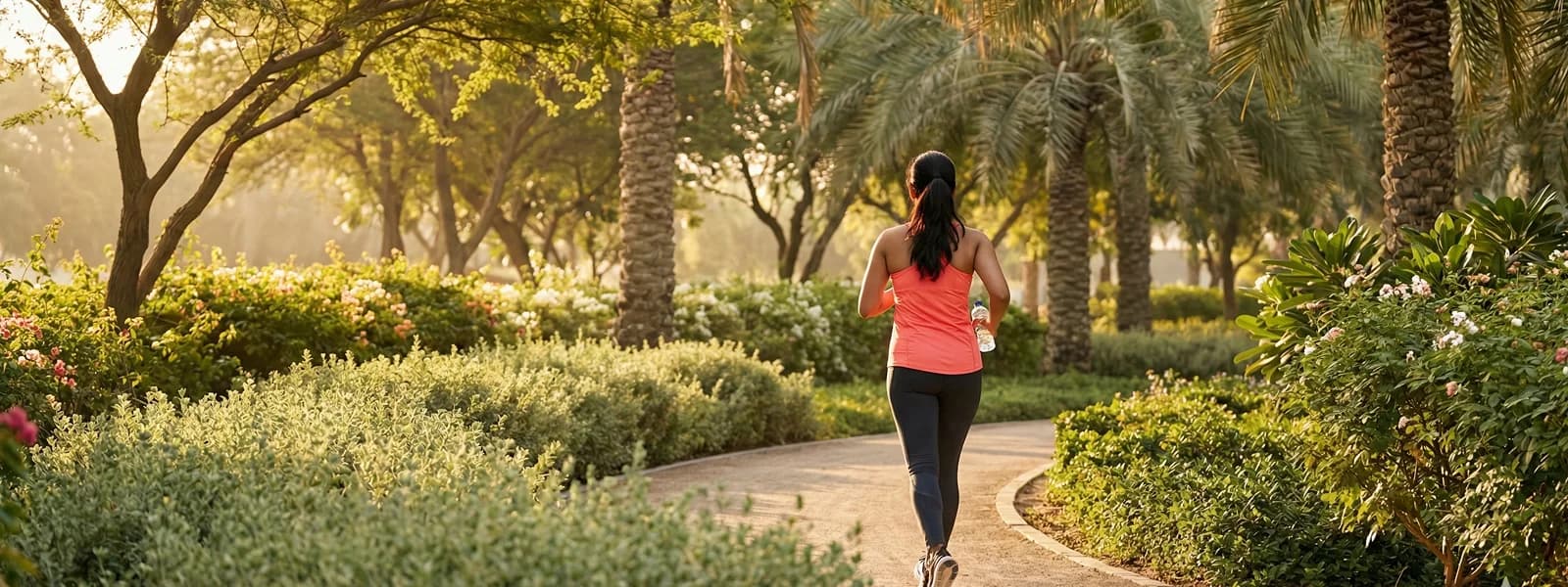 South Asian woman walking confidently through a green park in early morning