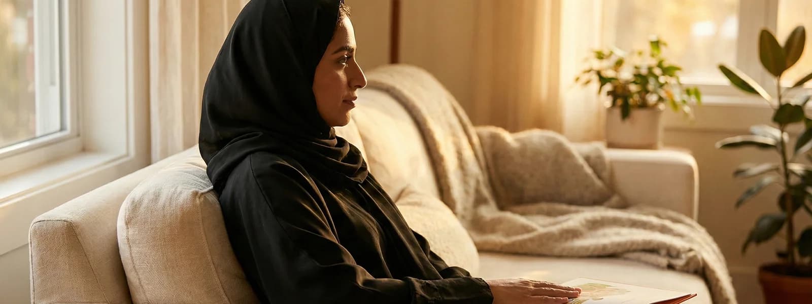 South Asian woman on sofa with childrens book beside her, looking toward window