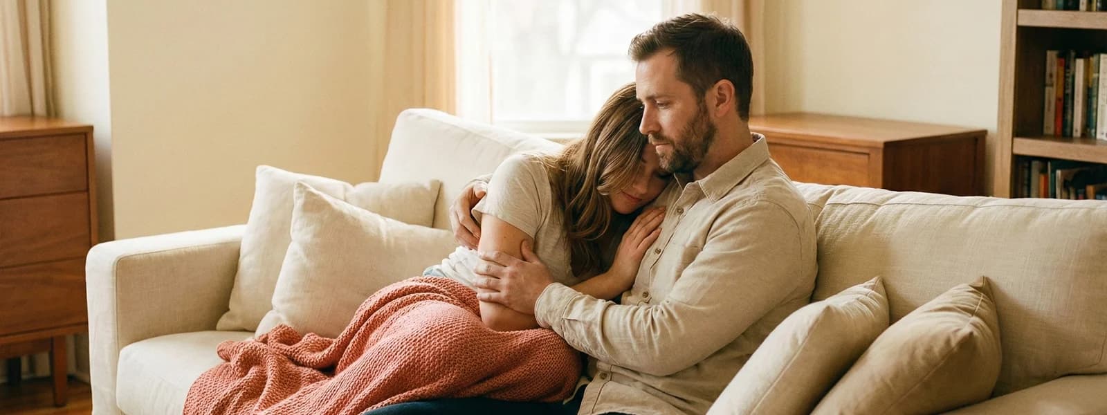 Indian and European couple sitting together on their sofa, leaning into each other supportively