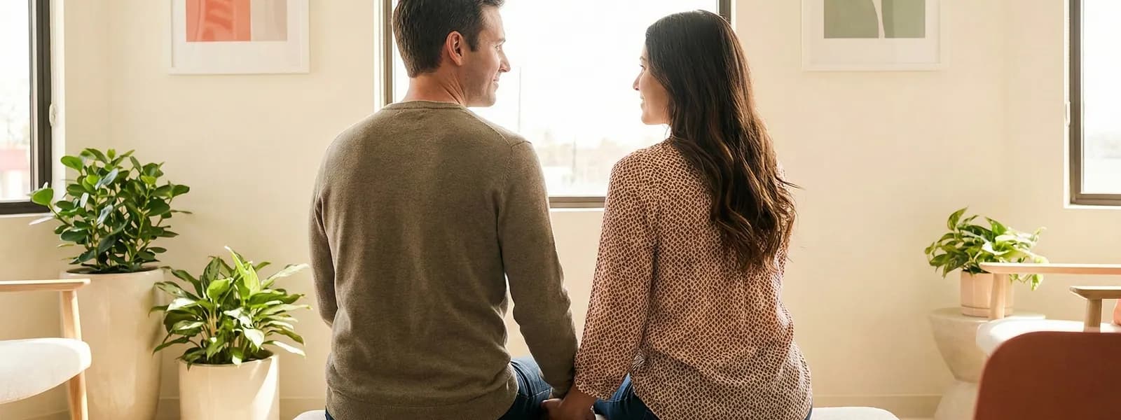 Couple holding hands in a warm, modern fertility clinic waiting room