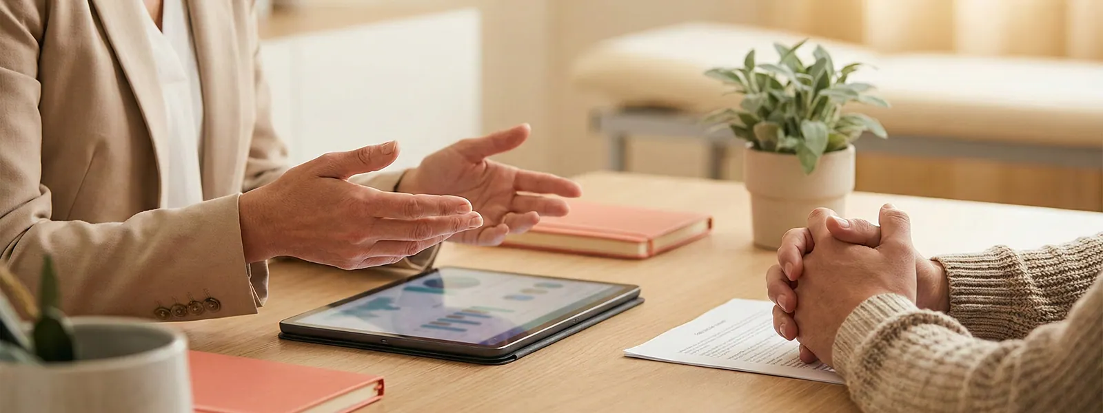 Doctor's hands sharing information with a couple across a consultation desk