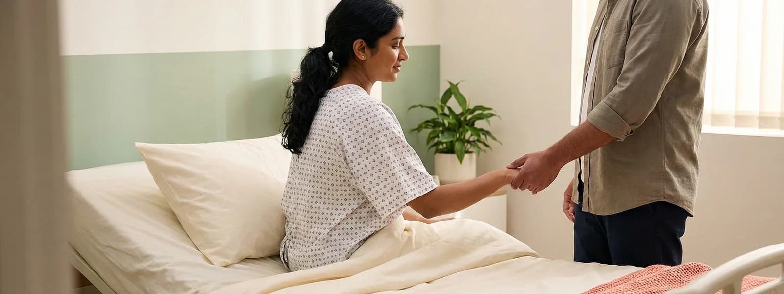 South Asian woman in clinic with partner holding her hand supportively