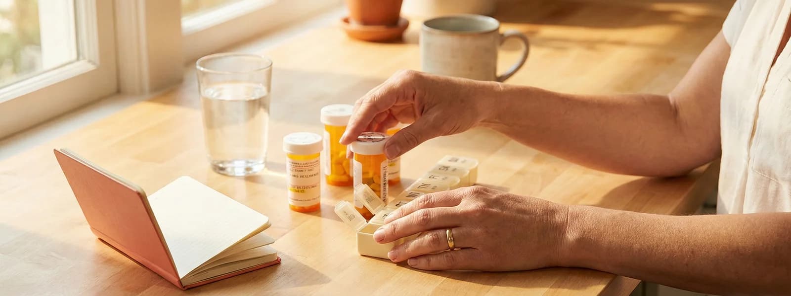 Womans hands organising medication vials and pill box on a kitchen table