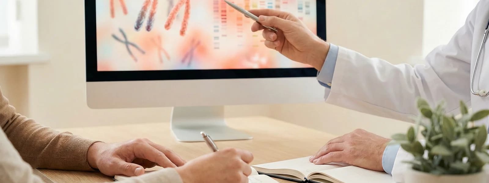 Doctors hands pointing at screen with chromosome patterns while couple takes notes