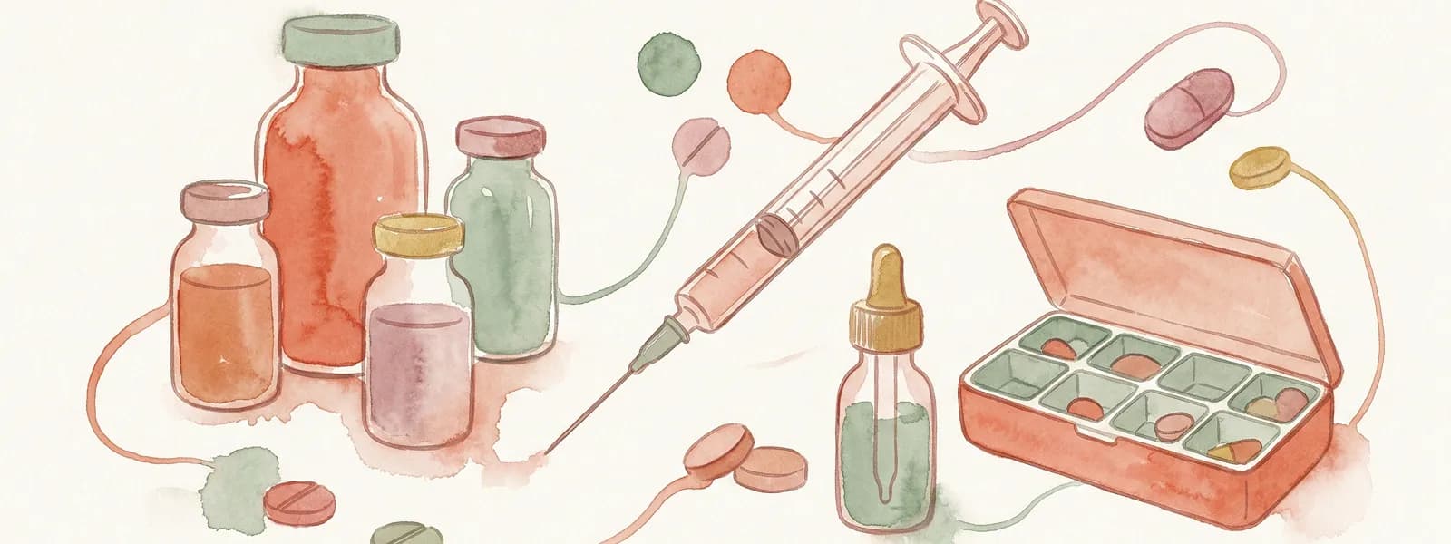 Soft watercolour illustration of medication vials, syringe, pills and pill organiser in warm coral and sage tones