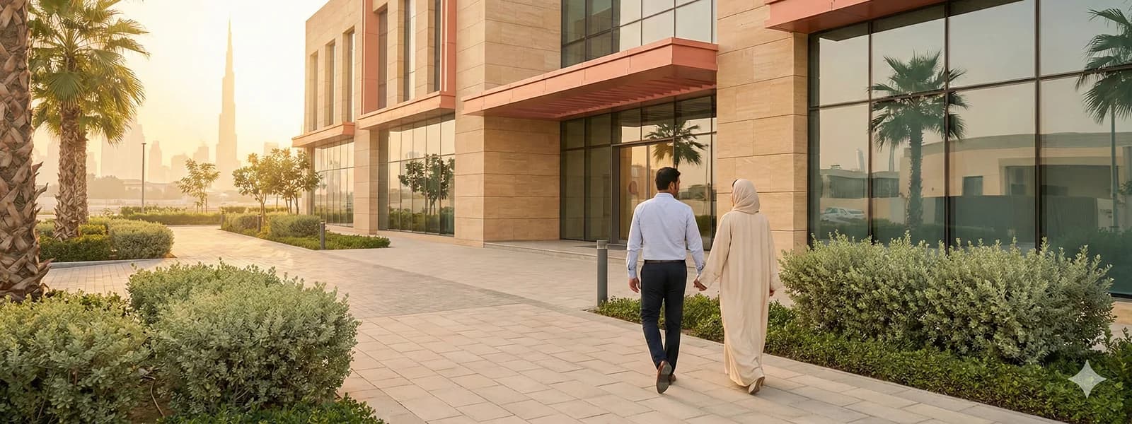 Indian man and Arab woman walking toward a modern fertility clinic at golden hour