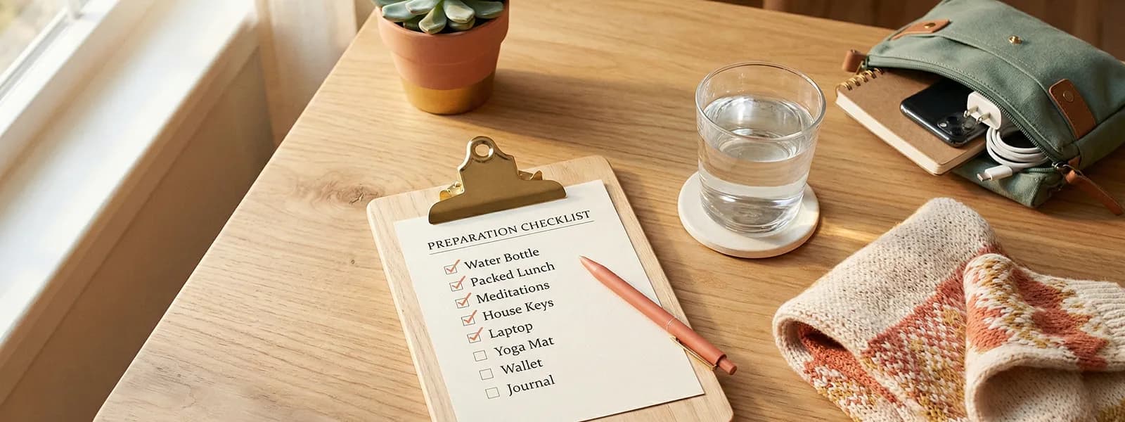Overhead view of a printed checklist on clipboard with items ticked off in coral pen, glass of water and packed bag beside it