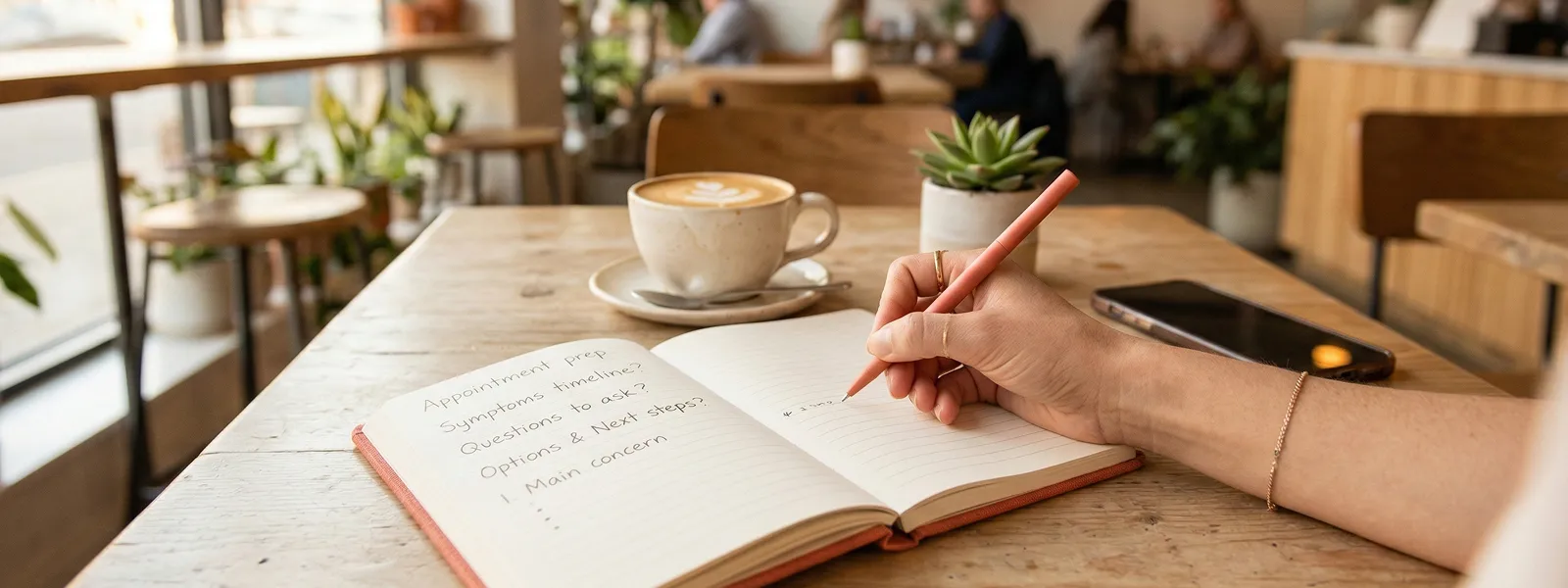 Notebook open on a cafe table with handwritten questions, woman's hand holding pen, coffee nearby