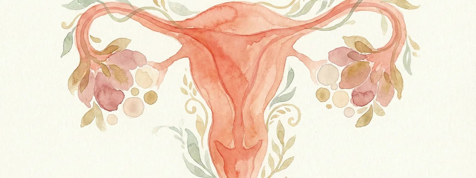 Watercolour illustration of the female reproductive system in warm coral and sage tones