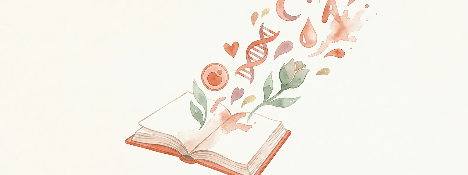 Watercolour illustration of an open book with abstract fertility shapes floating from its pages