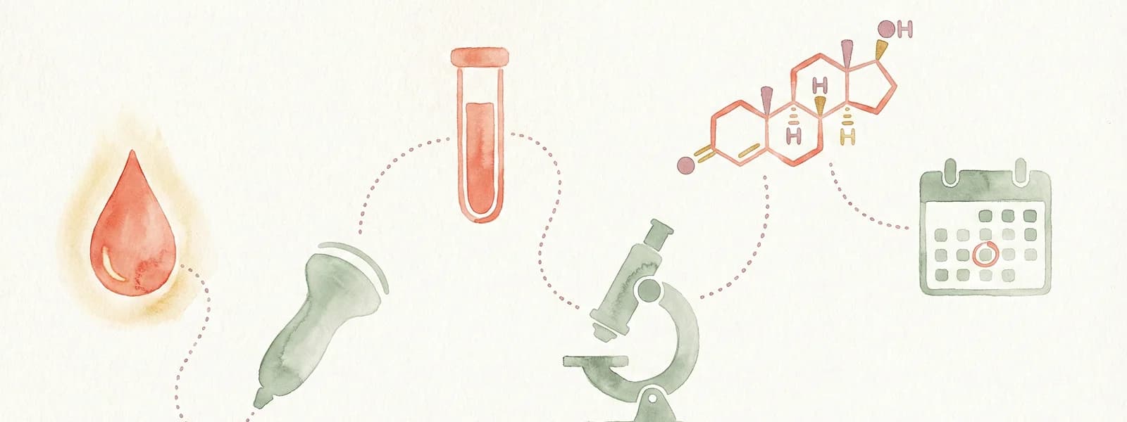 Watercolour illustration of fertility testing icons connected by dotted lines