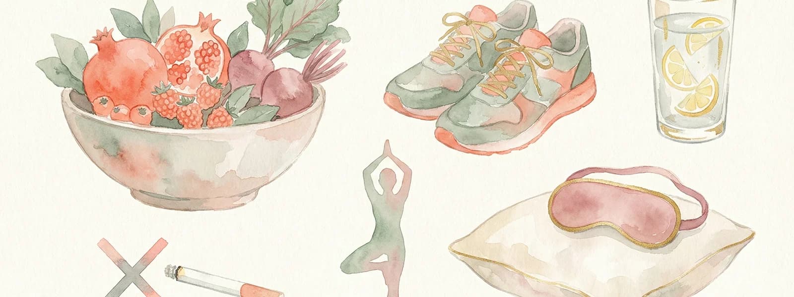 Watercolour illustration of healthy lifestyle elements as a gentle still life