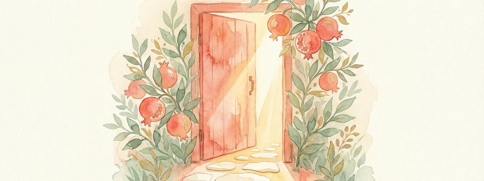Watercolour illustration of a warm doorway with golden light and pomegranate branch
