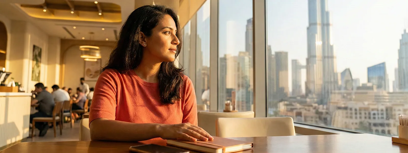 Woman sitting confidently at a modern Dubai café looking out the window