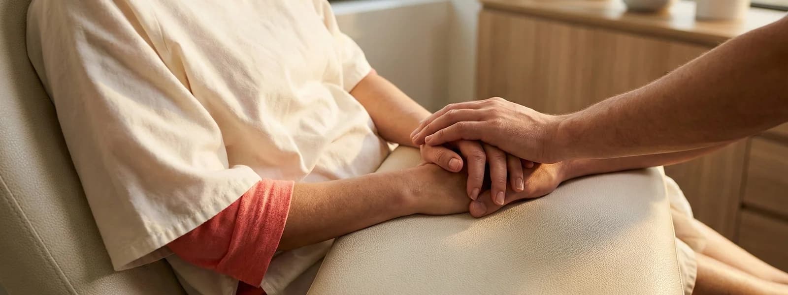 Couples hands clasped together in a clinic, a gesture of reassurance