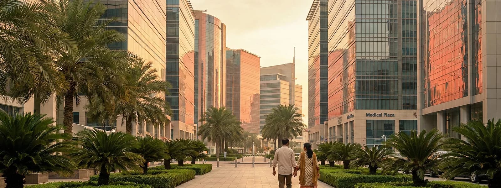 South Asian couple walking along tree-lined path in Dubai at golden hour
