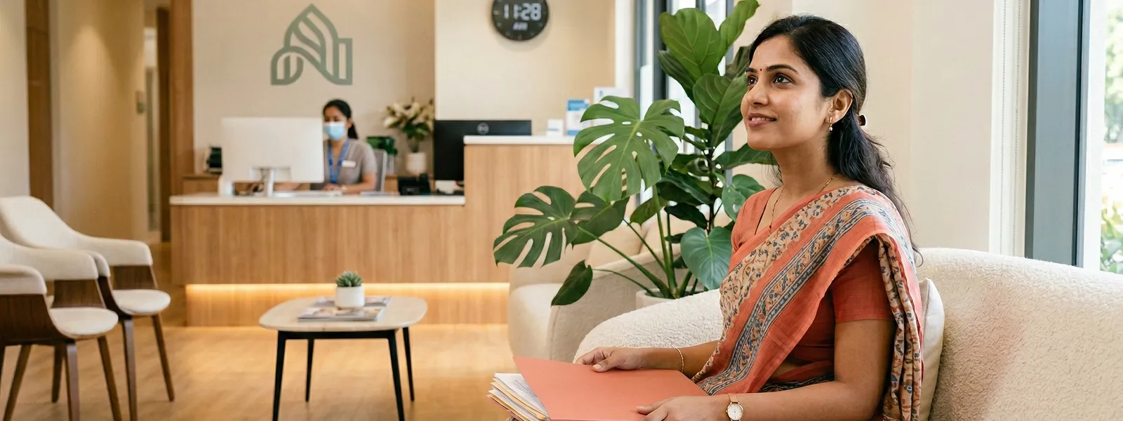Indian woman sitting in a bright clinic reception area with a folder of documents, looking up calmly