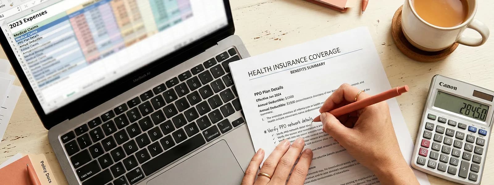 Overhead view of a desk with insurance document, laptop, calculator and karak tea, woman's hand annotating