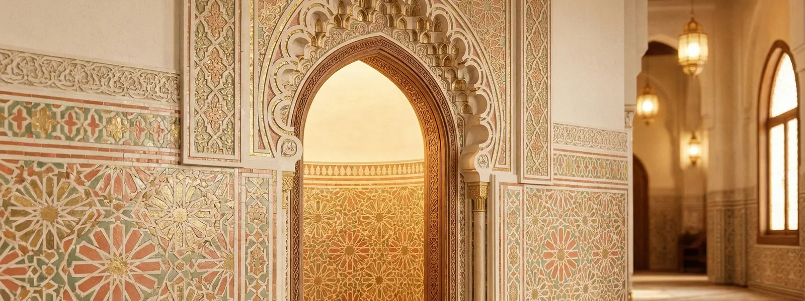 Ornate mosque interior detail showing intricate geometric tile patterns and a softly lit archway
