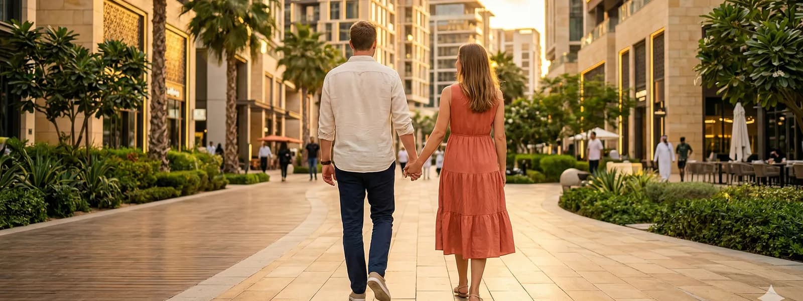Young European couple walking hand in hand through a modern Dubai district at golden hour, seen from behind