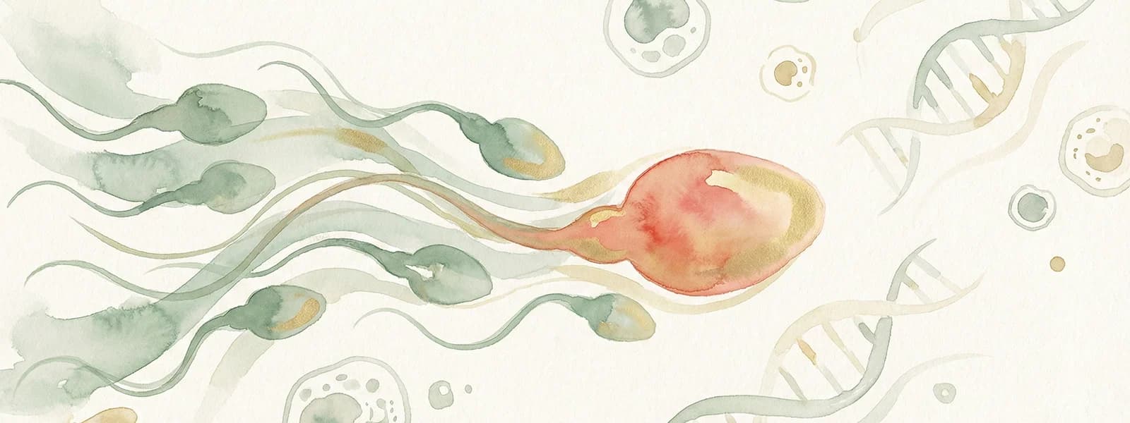 Watercolour illustration of sperm cells flowing gracefully in sage green and coral